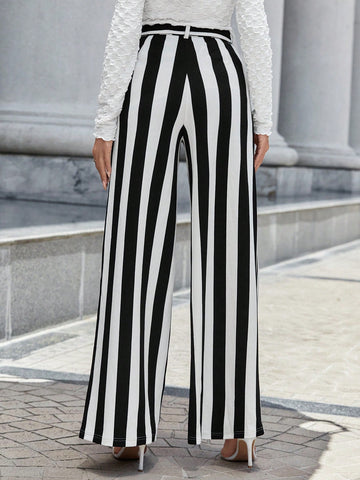 Privé Striped Print Belted Wide Leg Pants
