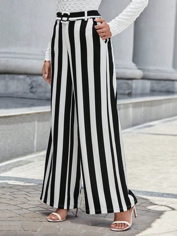 Privé Striped Print Belted Wide Leg Pants