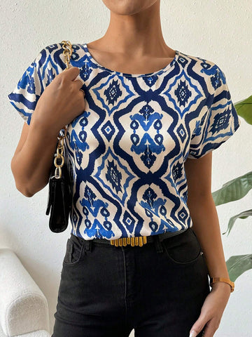 Privé Summer Casual Batwing Sleeve Printed Round Neck Blouse