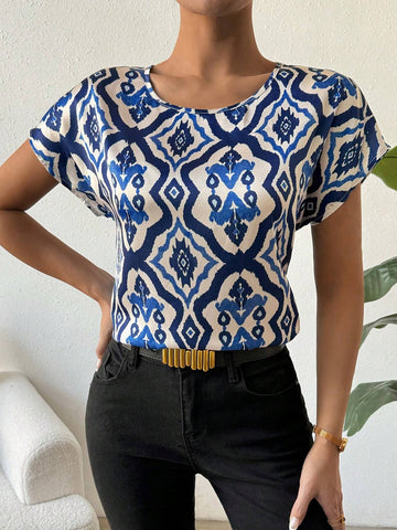 Privé Summer Casual Batwing Sleeve Printed Round Neck Blouse