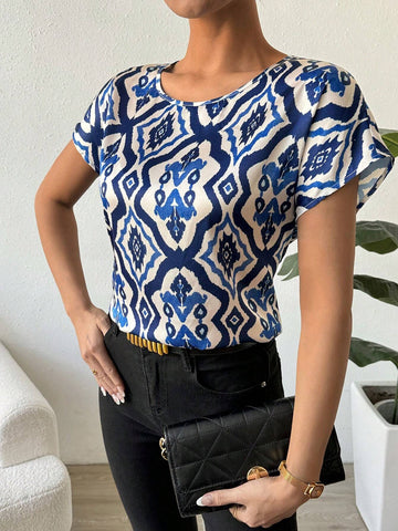 Privé Summer Casual Batwing Sleeve Printed Round Neck Blouse