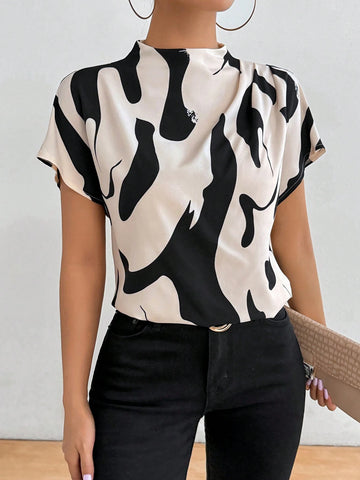 Privé Summer Casual Color Block Printed Stand Collar Batwing Sleeve Shirt