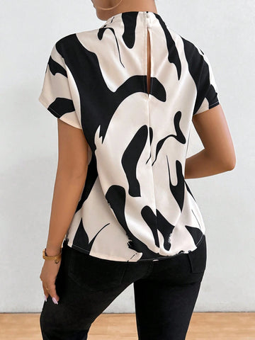 Privé Summer Casual Color Block Printed Stand Collar Batwing Sleeve Shirt