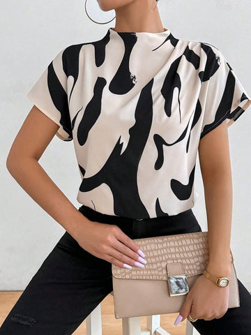 Privé Summer Casual Color Block Printed Stand Collar Batwing Sleeve Shirt