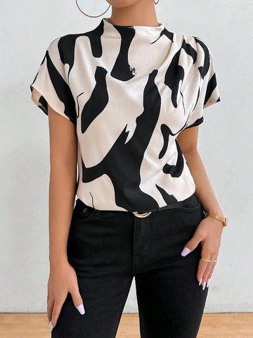 Privé Summer Casual Color Block Printed Stand Collar Batwing Sleeve Shirt