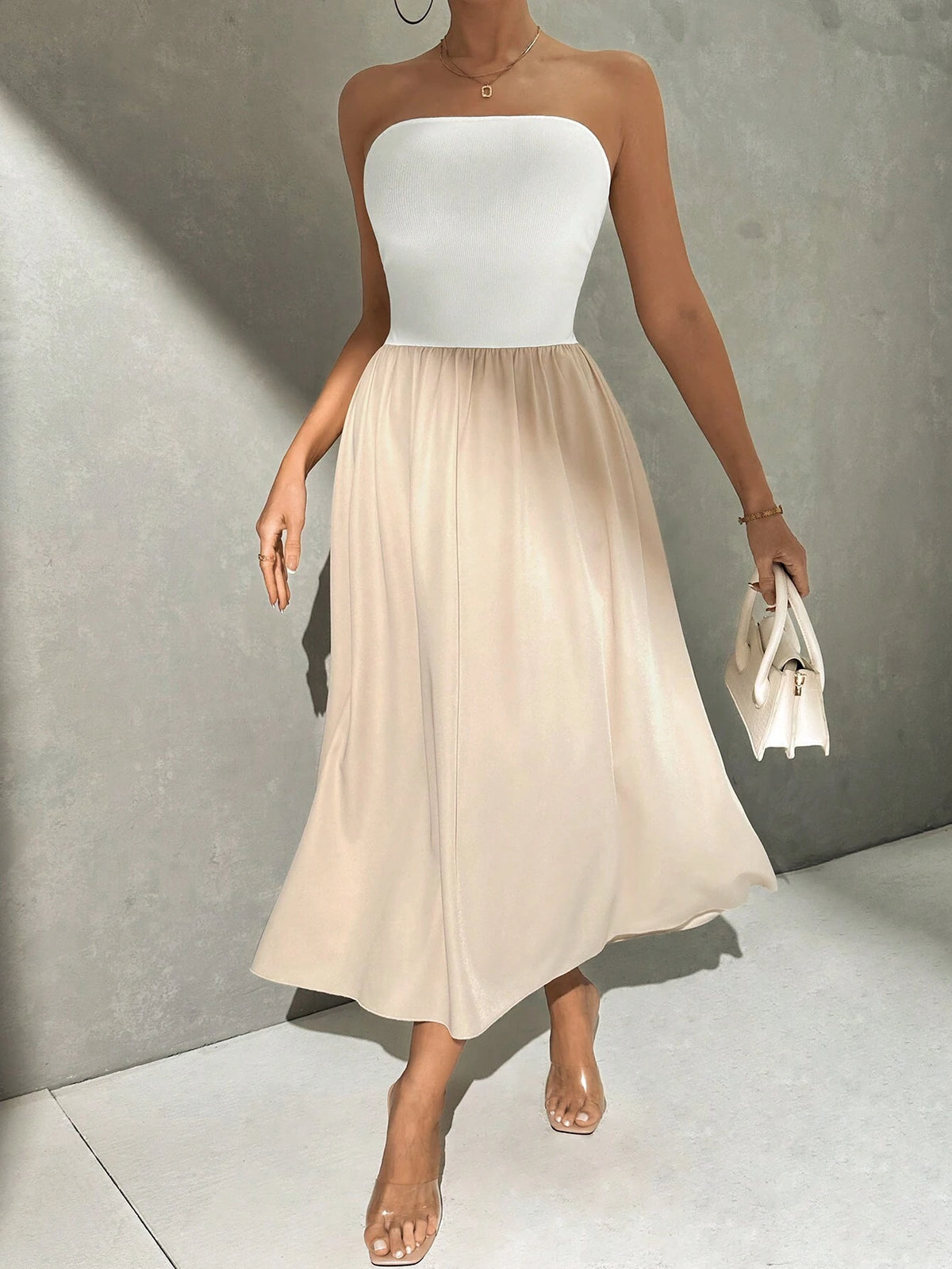 Summer Casual Color Block Strapless Waist Cinched Dress