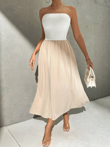 Summer Casual Color Block Strapless Waist Cinched Dress
