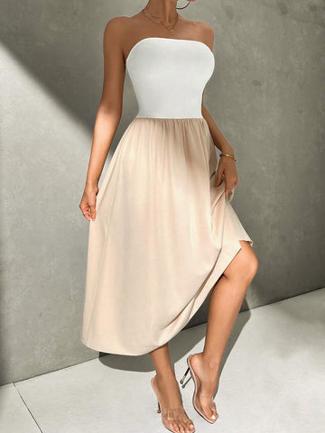 Summer Casual Color Block Strapless Waist Cinched Dress