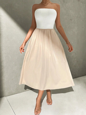 Summer Casual Color Block Strapless Waist Cinched Dress