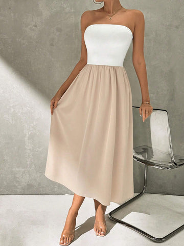 Summer Casual Color Block Strapless Waist Cinched Dress