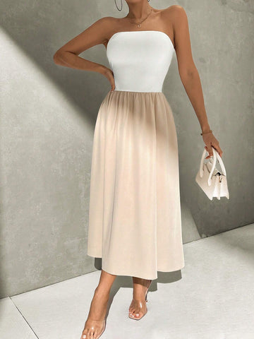 Summer Casual Color Block Strapless Waist Cinched Dress