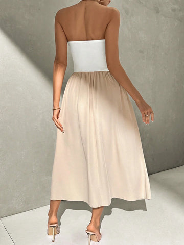 Summer Casual Color Block Strapless Waist Cinched Dress
