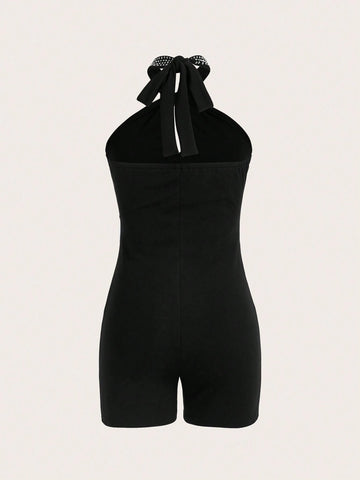 Summer Casual Rhinestone Decor Hollow Out Sleeveless Romper Shorts