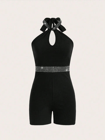 Summer Casual Rhinestone Decor Hollow Out Sleeveless Romper Shorts