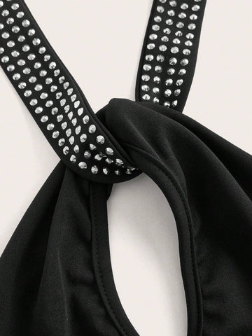 Summer Casual Rhinestone Decor Hollow Out Sleeveless Romper Shorts