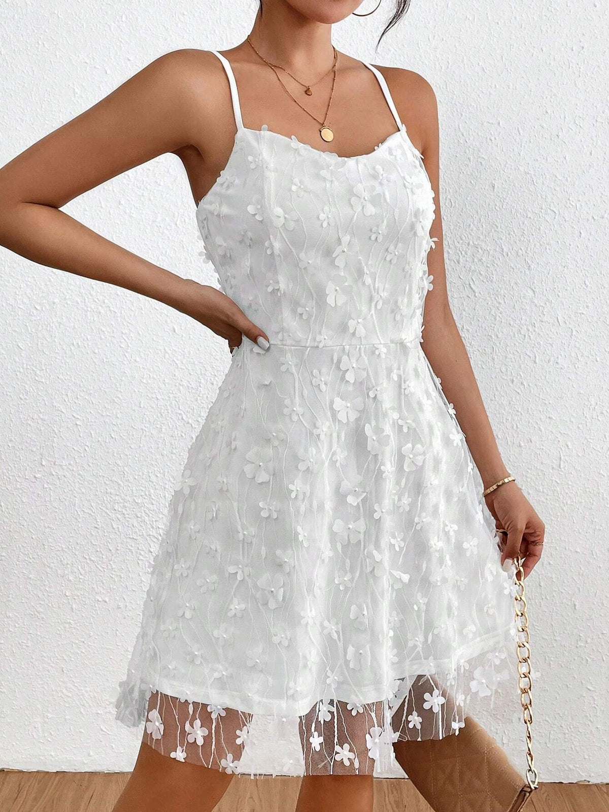 Summer Elegant Solid Color Floral Embroidered Mesh Cami Dress