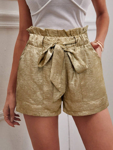 Privé Summer Fashion Metallic Paper Bag Waist Tie Shorts
