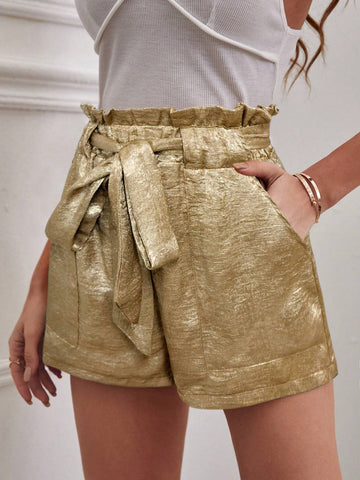 Privé Summer Fashion Metallic Paper Bag Waist Tie Shorts