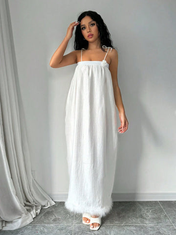 Summer Fashion Solid Color Sleeveless Dress With 3D Flower Embellishment And Feather Accents
