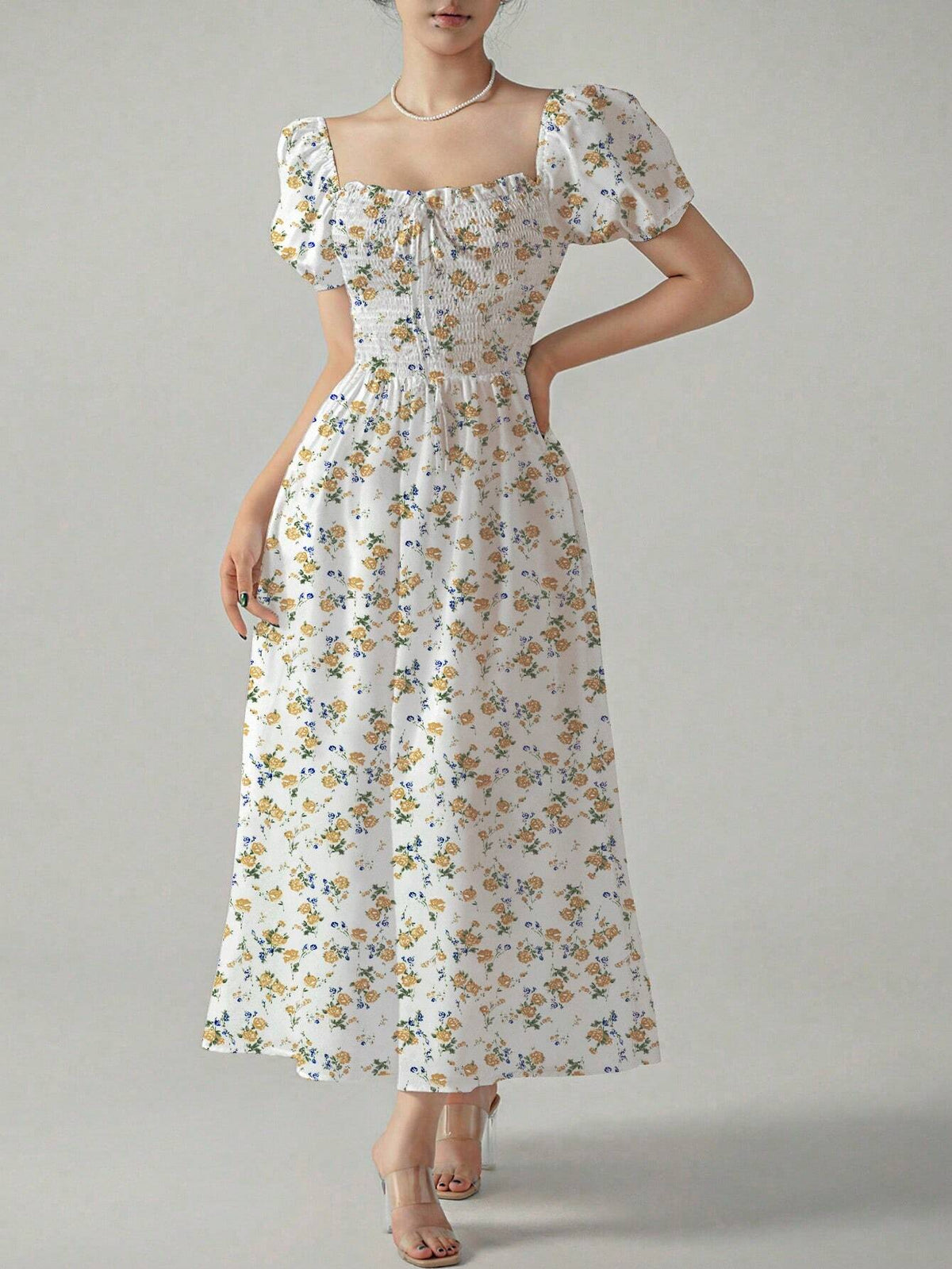 Summer Floral Square Neck Shirred Puff Sleeve Elegant High Waist Dress