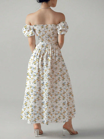 Summer Floral Square Neck Shirred Puff Sleeve Elegant High Waist Dress