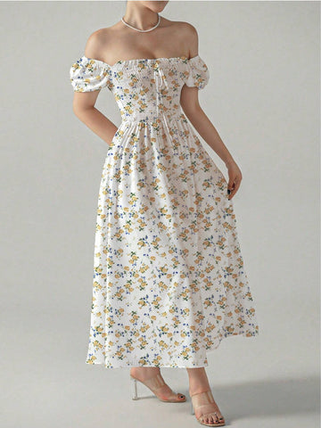 Summer Floral Square Neck Shirred Puff Sleeve Elegant High Waist Dress