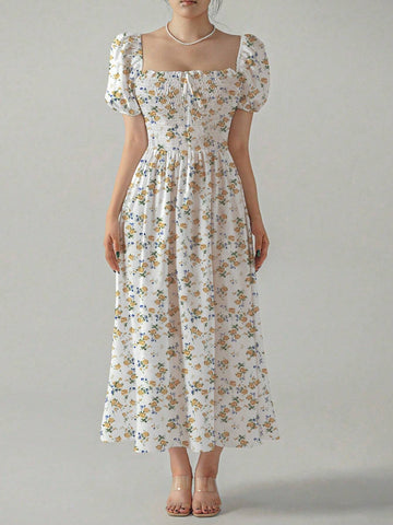 Summer Floral Square Neck Shirred Puff Sleeve Elegant High Waist Dress