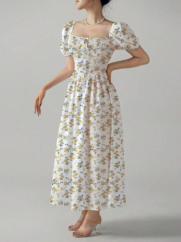 Summer Floral Square Neck Shirred Puff Sleeve Elegant High Waist Dress
