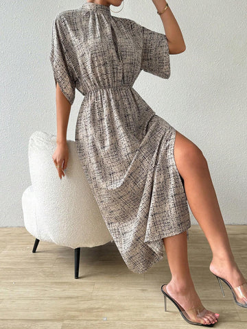 Summer Full Allover Print Stand Collar Batwing Sleeve Long Dress With Drawstring Waist And