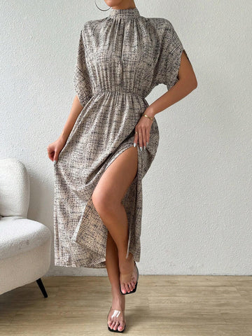 Summer Full Allover Print Stand Collar Batwing Sleeve Long Dress With Drawstring Waist And