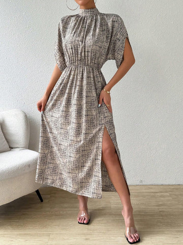 Summer Full Allover Print Stand Collar Batwing Sleeve Long Dress With Drawstring Waist And
