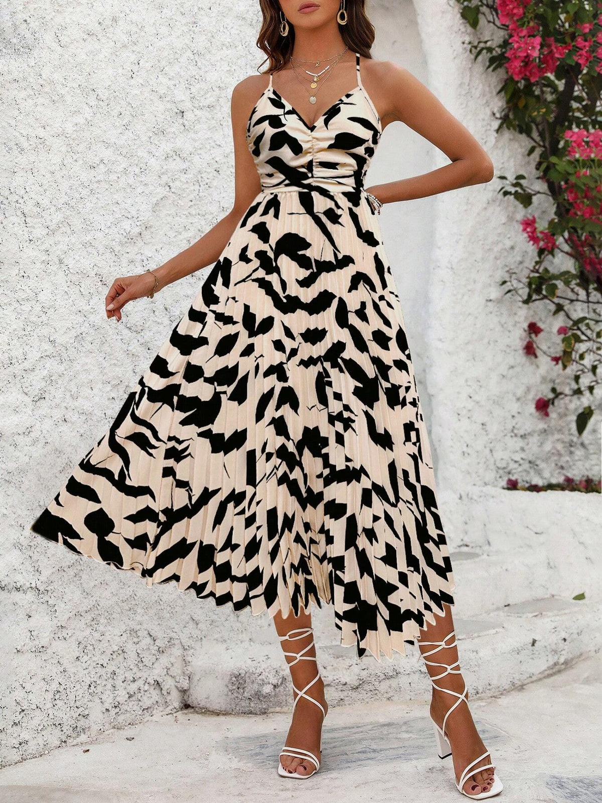 Summer Holiday Plant Printed Halter Neck Long Dress