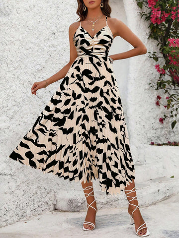 Summer Holiday Plant Printed Halter Neck Long Dress