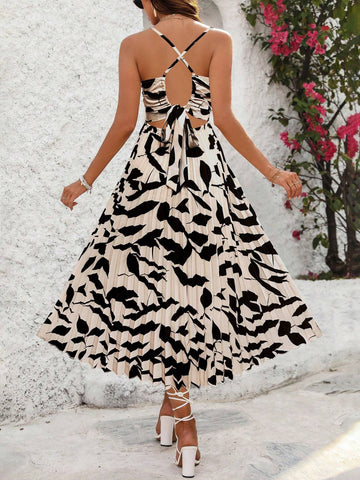 Summer Holiday Plant Printed Halter Neck Long Dress