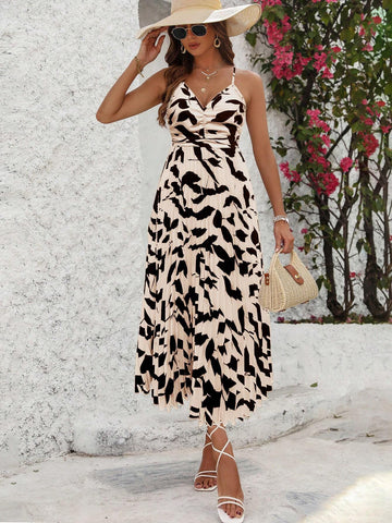 Summer Holiday Plant Printed Halter Neck Long Dress