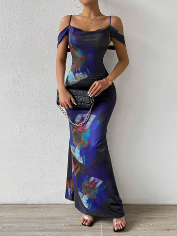 Summer Random Floral Print Off-Shoulder Neckline Mermaid Hem Dress