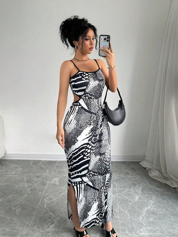 Summer Sexy Random Printed Backless Side Slit Bodycon Long Slip Dress