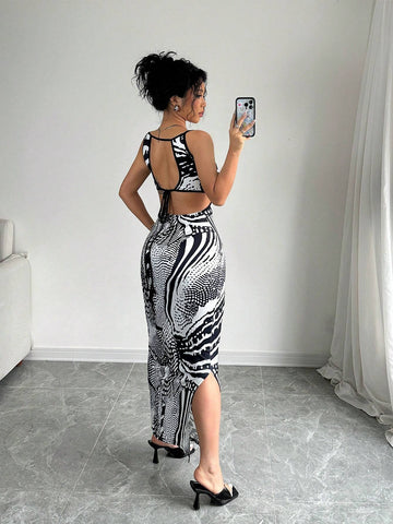 Summer Sexy Random Printed Backless Side Slit Bodycon Long Slip Dress