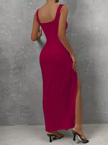 Summer Sexy Solid Color Twisted Hollow Out High Side Slit Sleeveless Dress