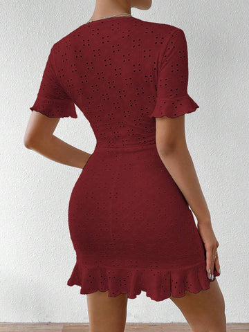 Summer Solid Color V-Neck Cross Wrap Pleated Elegant Short Sleeve Dress