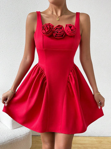 Summer Stereo Flower Fold Pleated Detail Cami Dress
