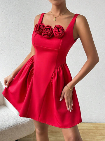 Summer Stereo Flower Fold Pleated Detail Cami Dress