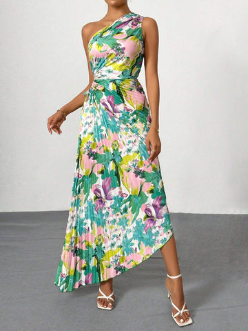 Summer Women Elegant Vacation Beach Floral Printed One-Shoulder Pleated Hollow Out Drawstring Midi Dress