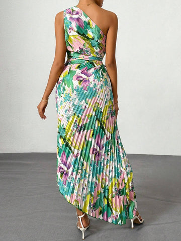 Summer Women Elegant Vacation Beach Floral Printed One-Shoulder Pleated Hollow Out Drawstring Midi Dress