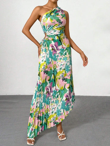 Summer Women Elegant Vacation Beach Floral Printed One-Shoulder Pleated Hollow Out Drawstring Midi Dress