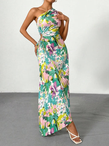 Summer Women Elegant Vacation Beach Floral Printed One-Shoulder Pleated Hollow Out Drawstring Midi Dress