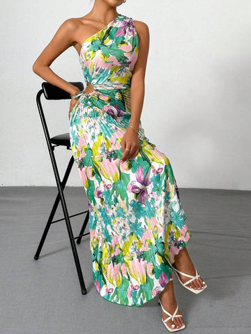 Summer Women Elegant Vacation Beach Floral Printed One-Shoulder Pleated Hollow Out Drawstring Midi Dress