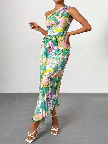 Summer Women Elegant Vacation Beach Floral Printed One-Shoulder Pleated Hollow Out Drawstring Midi Dress