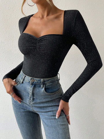 Sweetheart Neck Ruched Front Glitter Bodysuit
