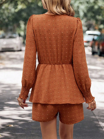 Swiss Dot Lantern Sleeve Peplum Waist Romper
